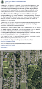 City of Port Alberni Facebook Announcement of Sale of Park and Forest Land