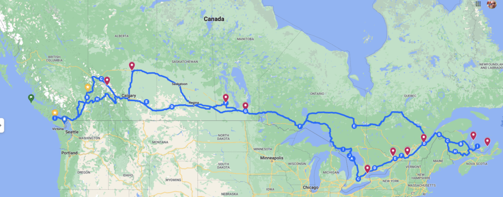 A Google map showing our route across Canada.