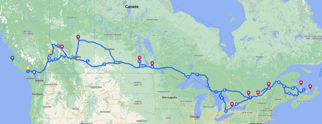 A Google map showing our actual route across Canada.