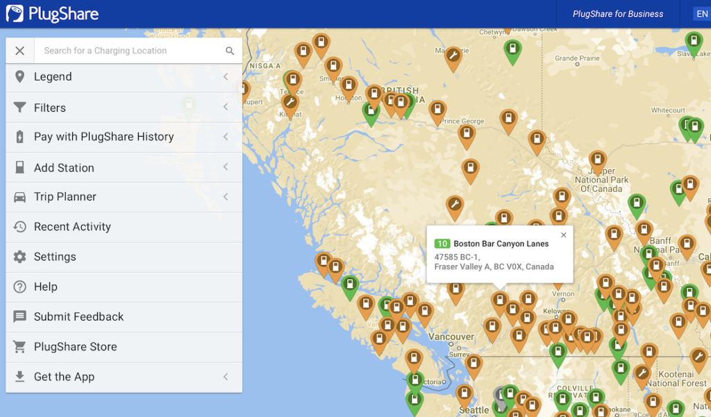 A screenshot of the Plugshare map zoomed out to view BC and part of Northern Washington. There are a number of charging stations visible across the province.