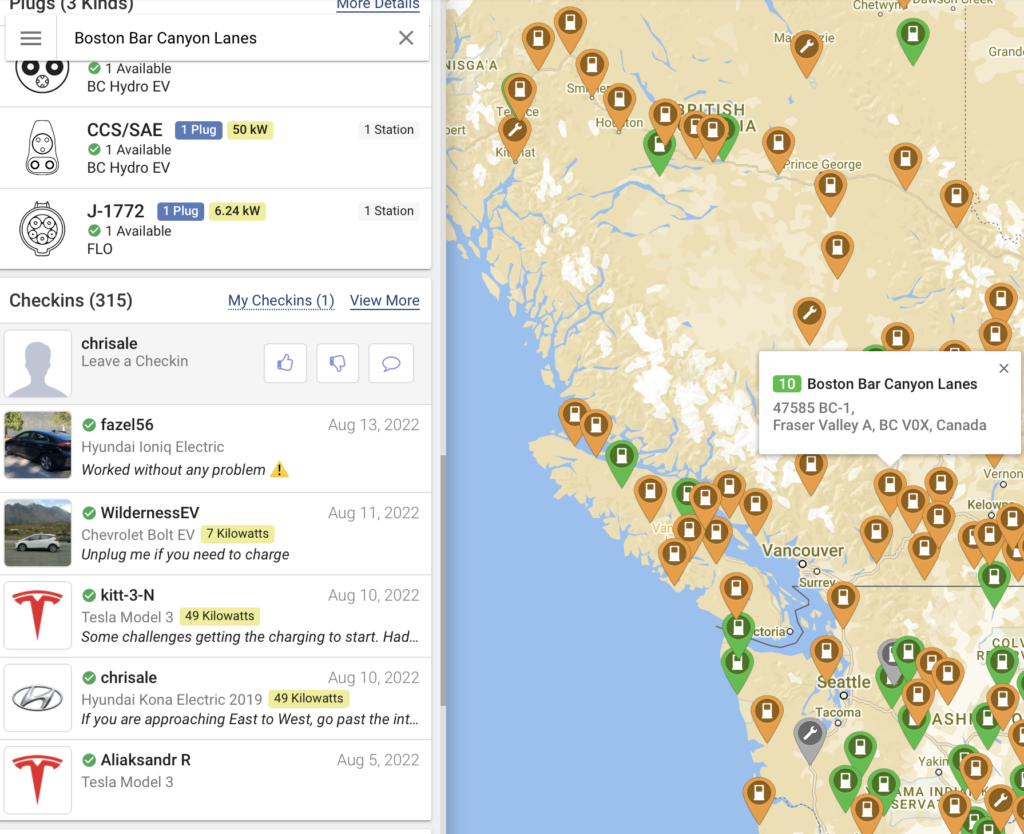 A screenshot of plugshare showing half of the screen a map of BC and the other half the available chargers at the selected station at Boston Bar Canyon Lanes and Checkins listed.