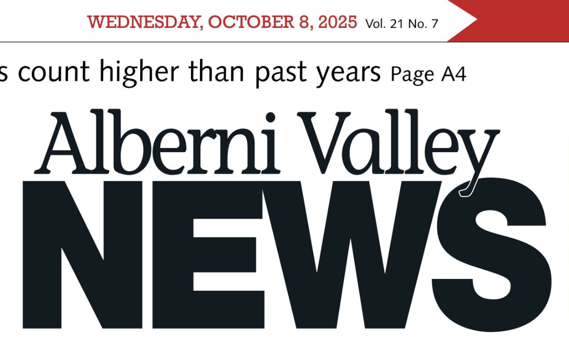 A screenshot of the Alberni Valley News banner on the e-edition of the AvNews
