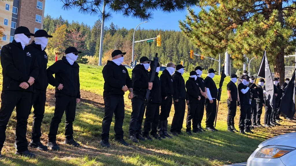 Second Sons gather in black outfits and white masks on the edge of a parking lot that appears to be beside a highway in Kamloops