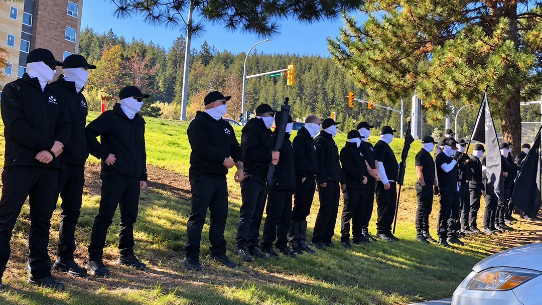 Second Sons gather in black outfits and white masks on the edge of a parking lot that appears to be beside a highway in Kamloops